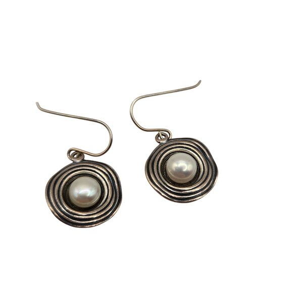 Vintage 90s 925 Sterling Silver Genuine Pearl Swirl Earrings Israel - Picture 1 of 4